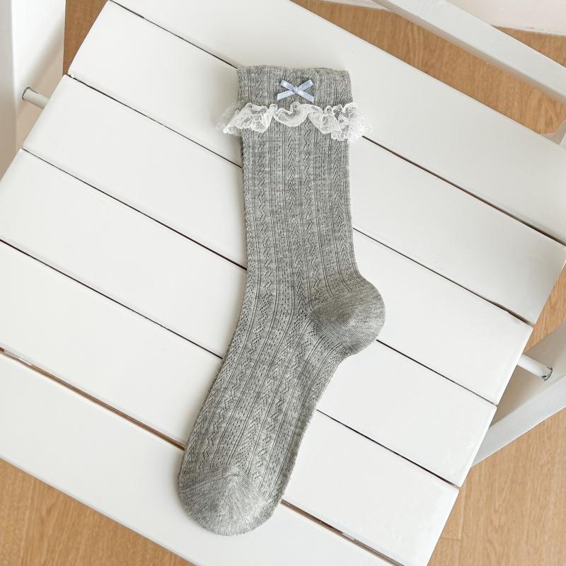 Princess Lace Socks - Boneless, Versatile Mid-calf Socks, Thin Style with Bow Ties, Mesh Openwork, Hollowed-out Design