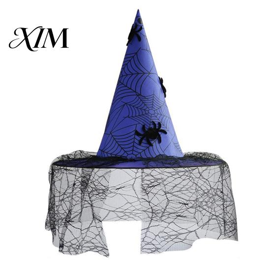 Gothic Style Holiday Photo Props Halloween Witch Hat, with Lace Mesh And Simulated Spiders, Decorative Spider Web Hat Costume Accessory, for синий