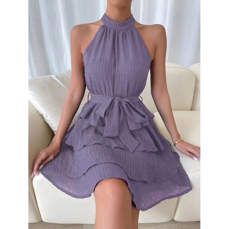 

Cross-Border Foreign Trade European and American Women s Clothing Amazon 2024 Summer Shoelace Halter Patchwork Sleeveless Ruffles Dress Purple L