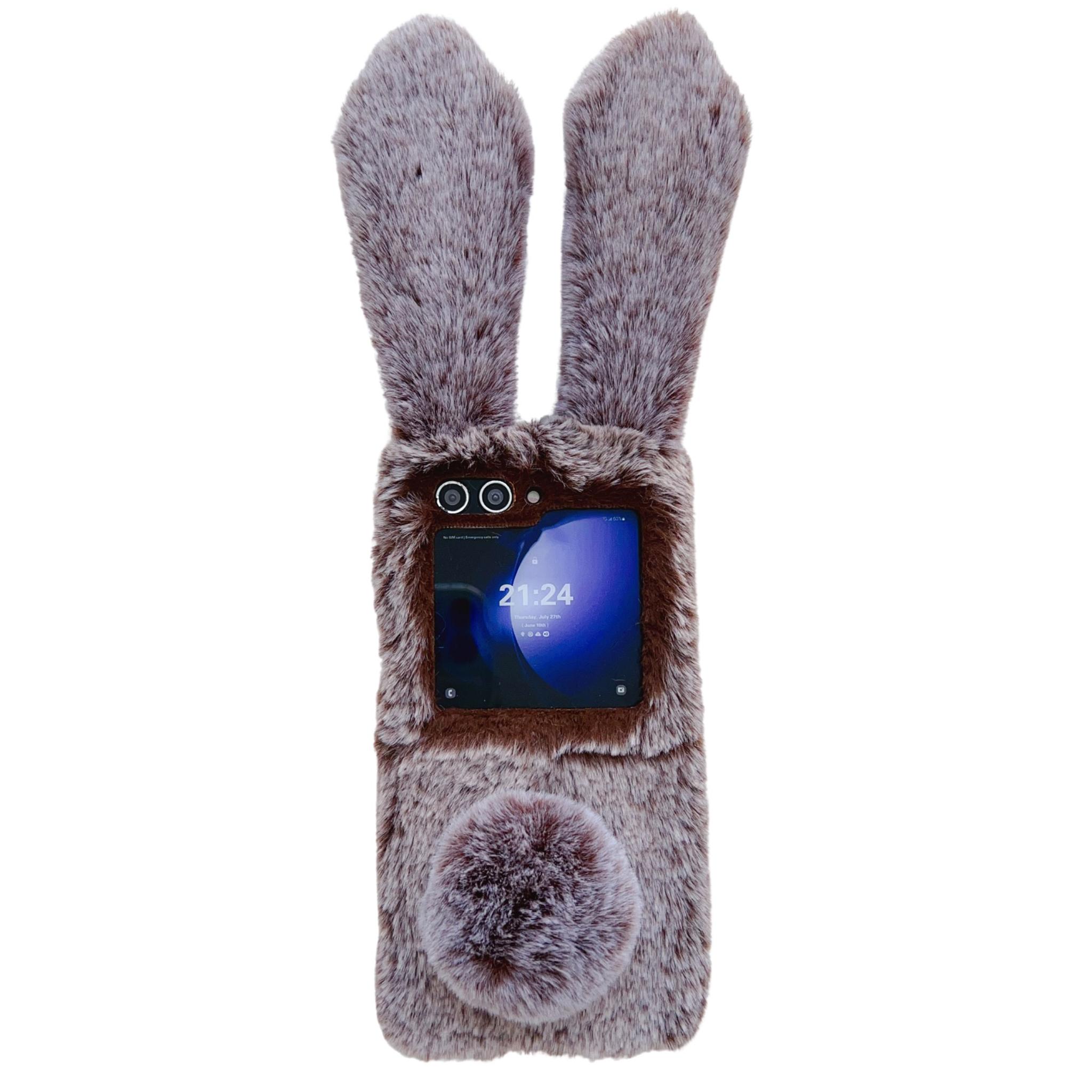 

Складной чехол для телефона Samsung Galaxy Z Flip7 FE 5G/Z Flip6 5G Акриловая крышка с пушистыми кроличьими ушками Brown