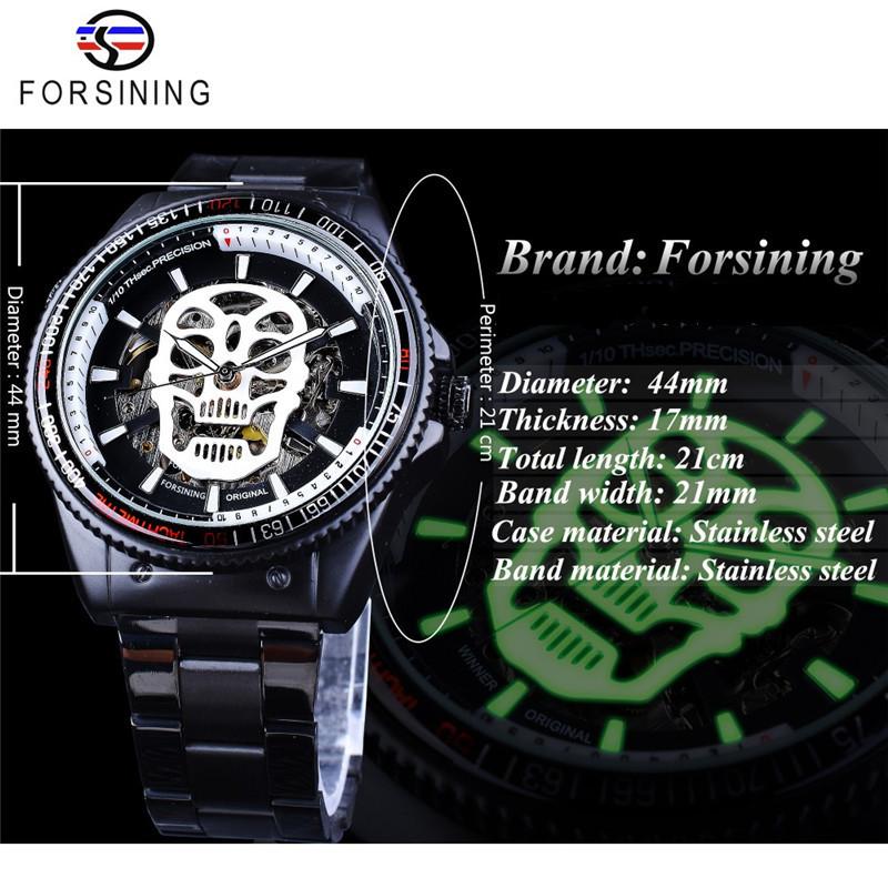Forsining Men's Fashion Openwork Luminous Waterproof White Skull Mechanical Watch