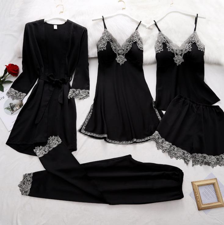 Women's Loungewear European and American Pajamas Simulation Silk Pajamas Sex Underwear Suspender Sexy Five-piece Set