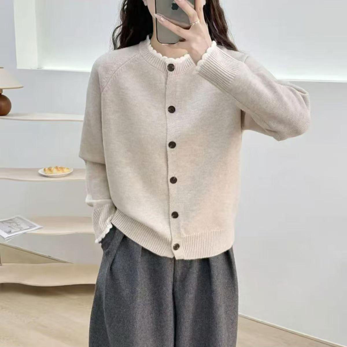 

Кружевное пальто с круглым вырезом, женский свитер в цветную полоску, вязаный, свободный, новый свитер, модный, омолаживающий топ, милый one size fits all абрикосовый