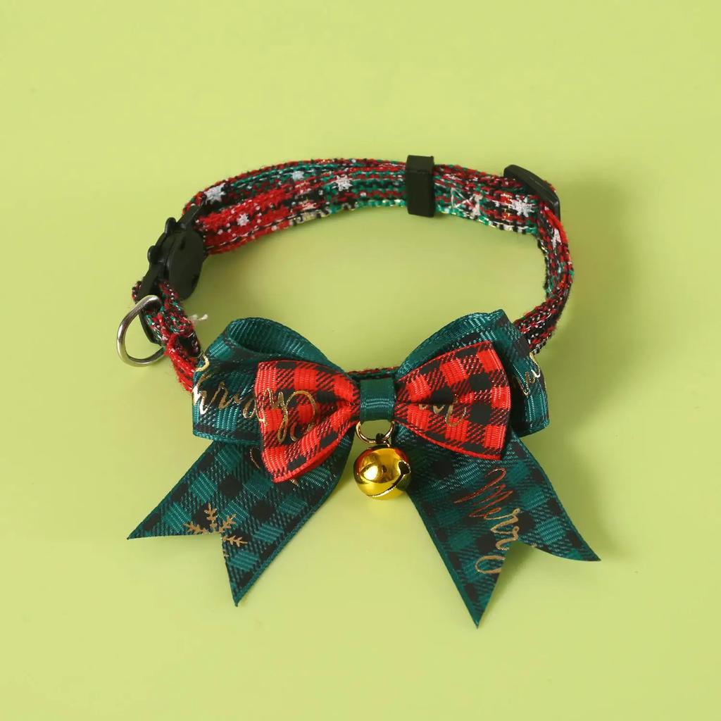 Christmas Cat Collar Red Green Plaid Bow Knot Collar Adjustable Bow Collar with Bell for Cats Xmas Dress-up Photo Shoots Prop