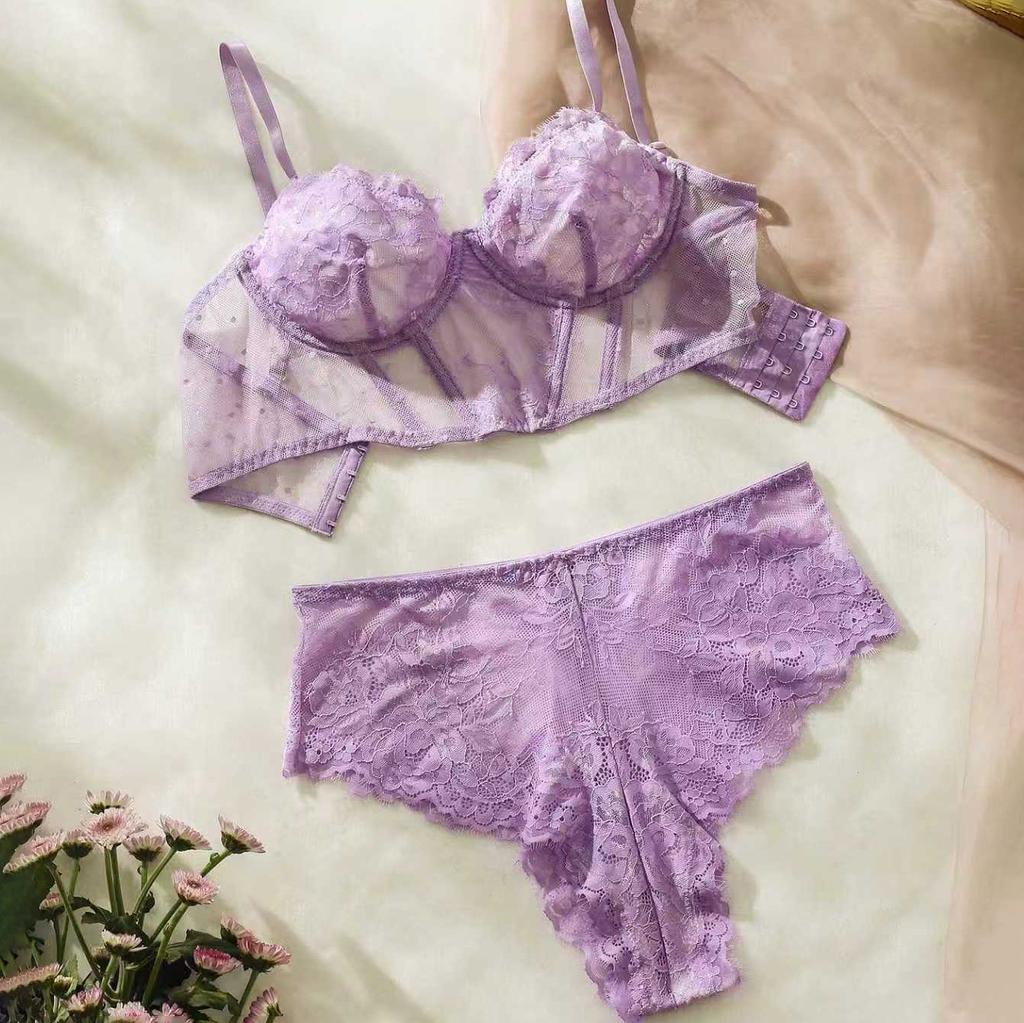 European and American bra set ultra-thin sexy lace bra set gathering beautiful back bone clothes women's underwear set
