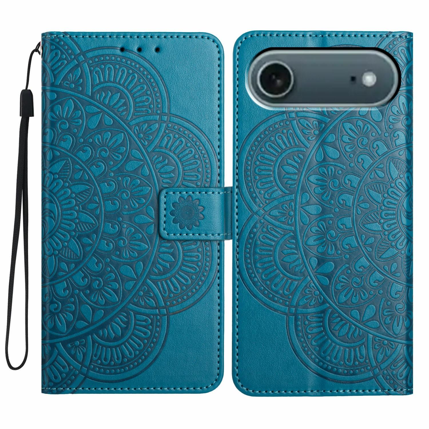 

For iPhone 17 Air Leather Case with Strap/Card Slots Mandala Pattern Stand Phone Cover Blue