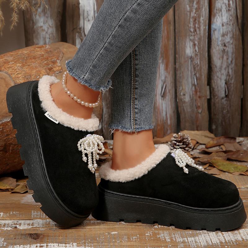 Fashion Pearls Decor Thick Sole Plush Slippers Women Outdoor Warm Winter Cotton Shoes Woman Plus Size 36-43 Non Slip Snow Boots