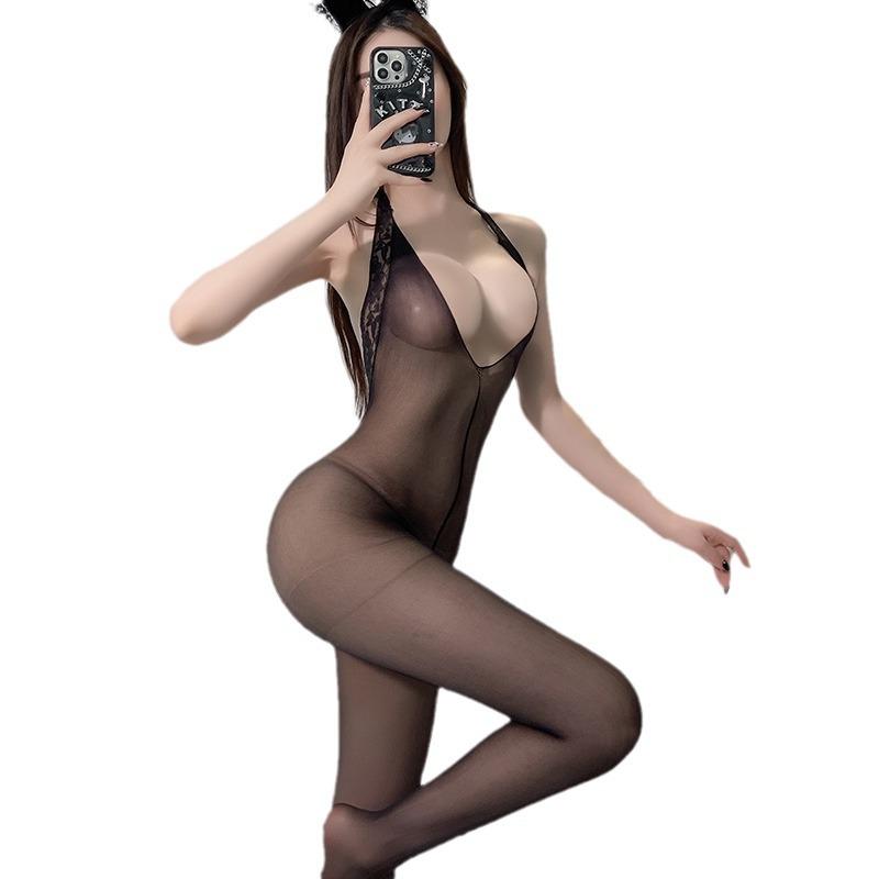 Sex underwear black silk temptation mesh clothes perspective one-piece stockings sexy open gear free sex fun neck one-piece mesh clothes