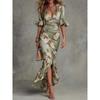 European and American Style Summer New V-neck Slim-fitting Long Dress Elegant Printed Ruffle Edge Long Dress