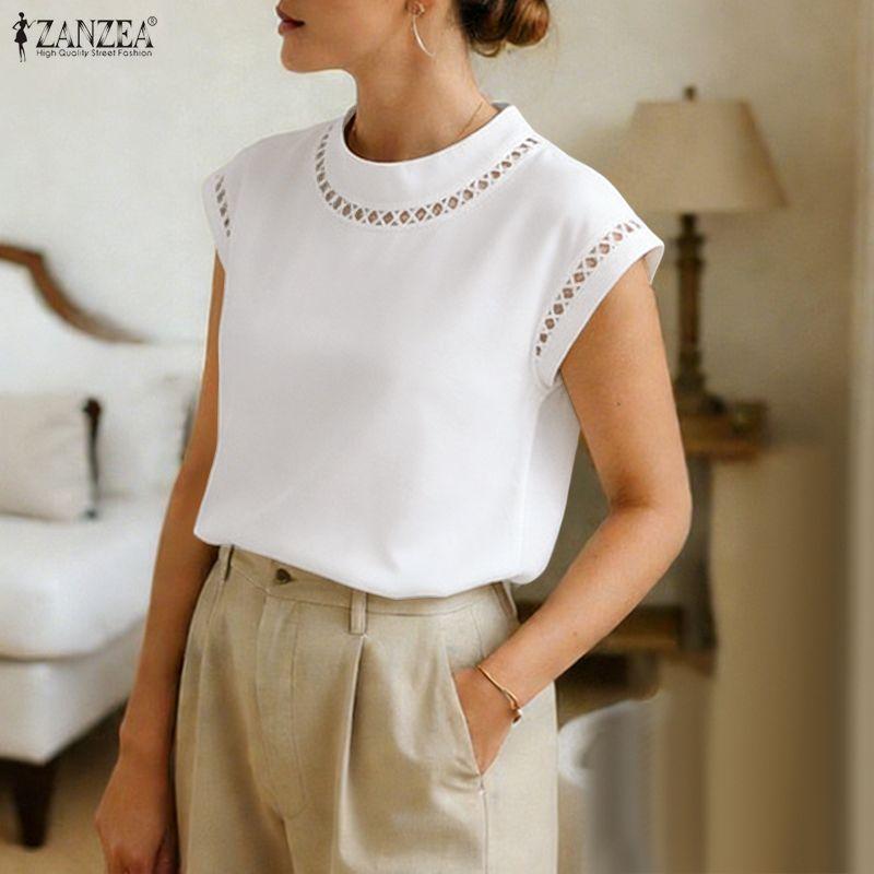 ZANZEA Women Elegant Round Neck Casual Short Sleeve Blouse