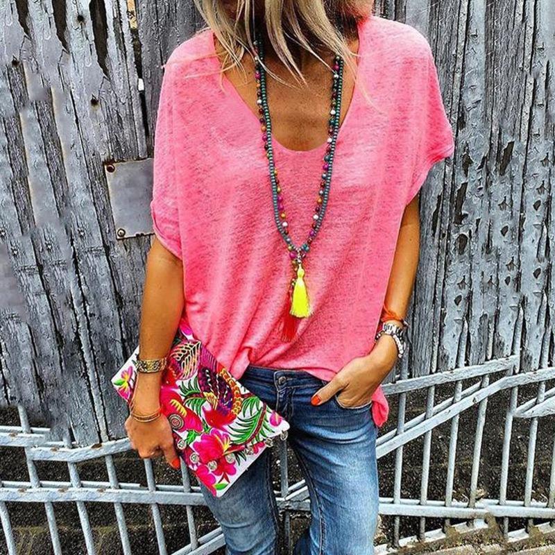 BITCED Women's Fashion Casual Solid Color Print Short Sleeve Blouses & Shirts