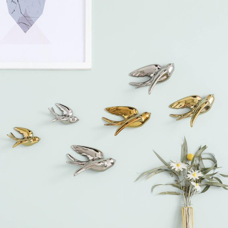 Ceramic Handicrafts Background Wall Decoration Golden Bird Three-dimensional Pendant Swallow Sculpture Home Decoration