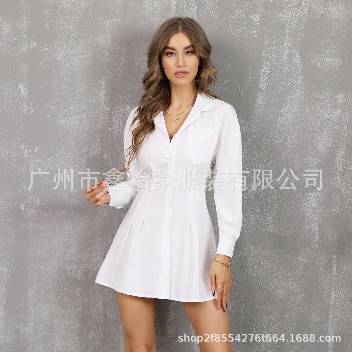 

YYFS Женская мода весна осень однотонный принт длинный рукав поло воротник высокая талия повседневные платья XXL белый