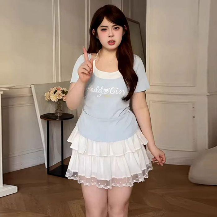 

Large size women s fake two-piece splicing printed square neck short-sleeved t-shirt summer new fat mm giant thin top 3XL синій