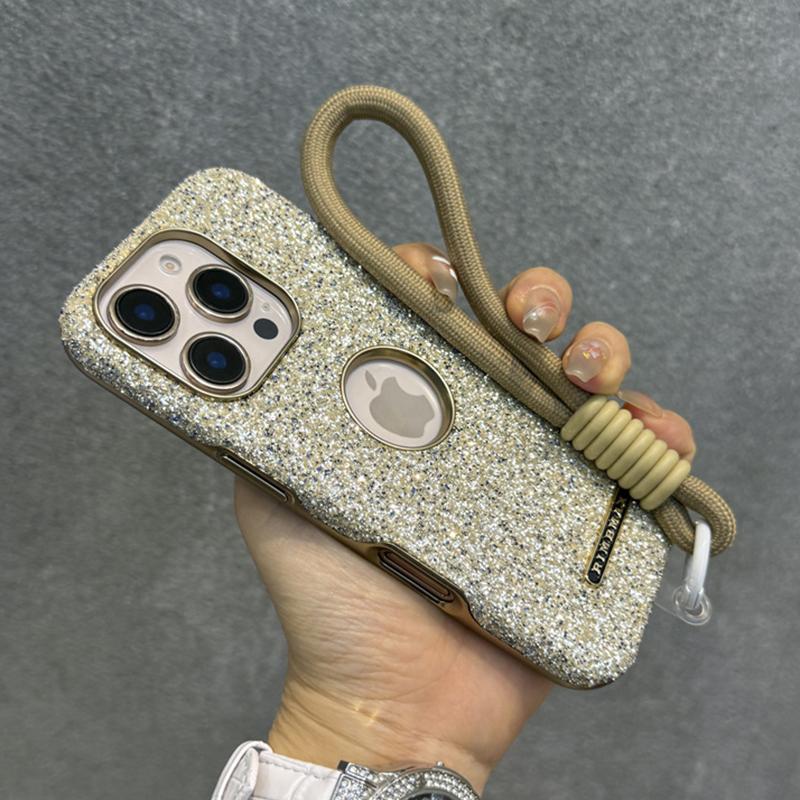 Luxury Glitter Diamond Rhinestone Case For iPhone 12 13 14 15 16 Pro Max Plus Bling Sparkling Shockproof Wrist Strap Cord Cover