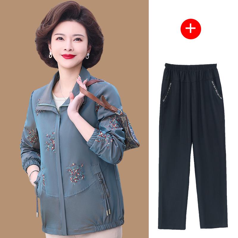 Elegant Embroidered Spring & Autumn Jacket for Moms - Fashionable Casual Trench Coat for Middle-Aged and Elderly Women