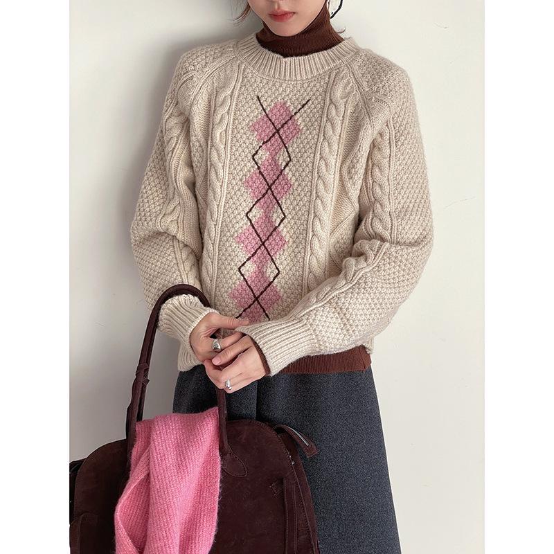 Retro Diary Women's Cable Knit Pullover Sweater - Winter Long Sleeve Round Neck Top