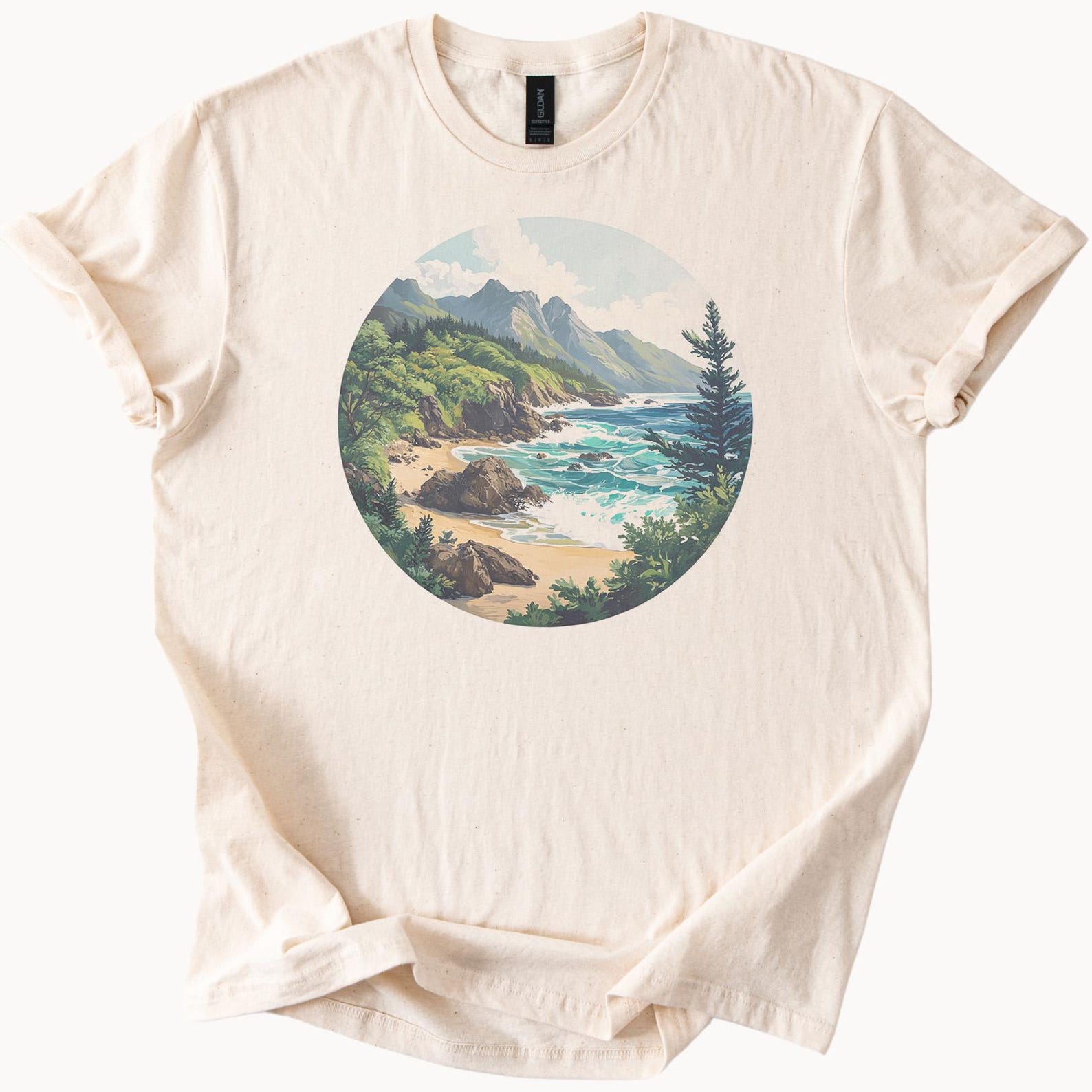 Mountain Coastline Scenic Beach Graphic T Shirt Nature Landscape Ocean Waves Forest Art Tee Outdoorsy Apparel Unique Gift Shirt 100