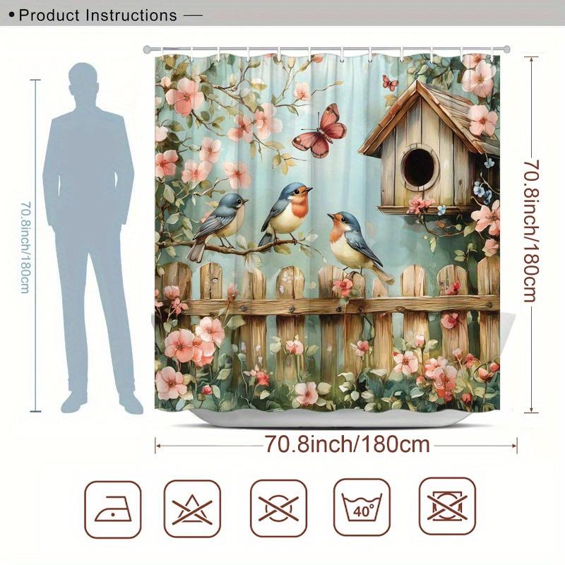 Charming Garden with Birds and Birdhouse Shower Curtain - Water-Resistant Fabric for Bathroom - Perfect