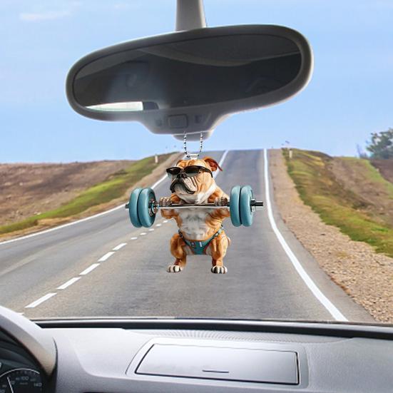 Cute Dog Weightlifting Dumbbell Pendants Acrylic Novelty Bag Charm Christmas Tree Car Mirror Decoration Unique Gift for Animal Lovers Drivers