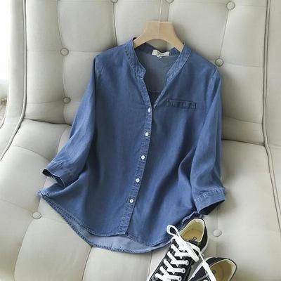 Blusa da donna in lyocell, casual, con scollo a V, monopetto, manica a tre quarti, alla moda, abbigliamento femminile.