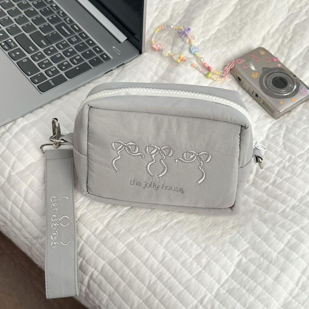 Keychain Zipper Wristlet Wallet With Lanyard Embroidered Bow Makeup Bag Nylon Coin Pocket  Outdoor