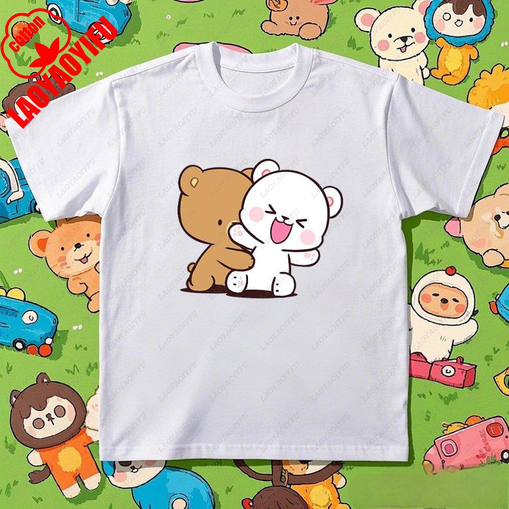 Kawaii Couple Tshirt Matching Milk and Mocha Cartoon Anime Print Cotton Unisex Women TShirt Couple Tee Summer Casual Shirt Tops