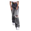 Women Button High Waist Pocket Elastic Hole Jeans Trousers Loose Denim Pants