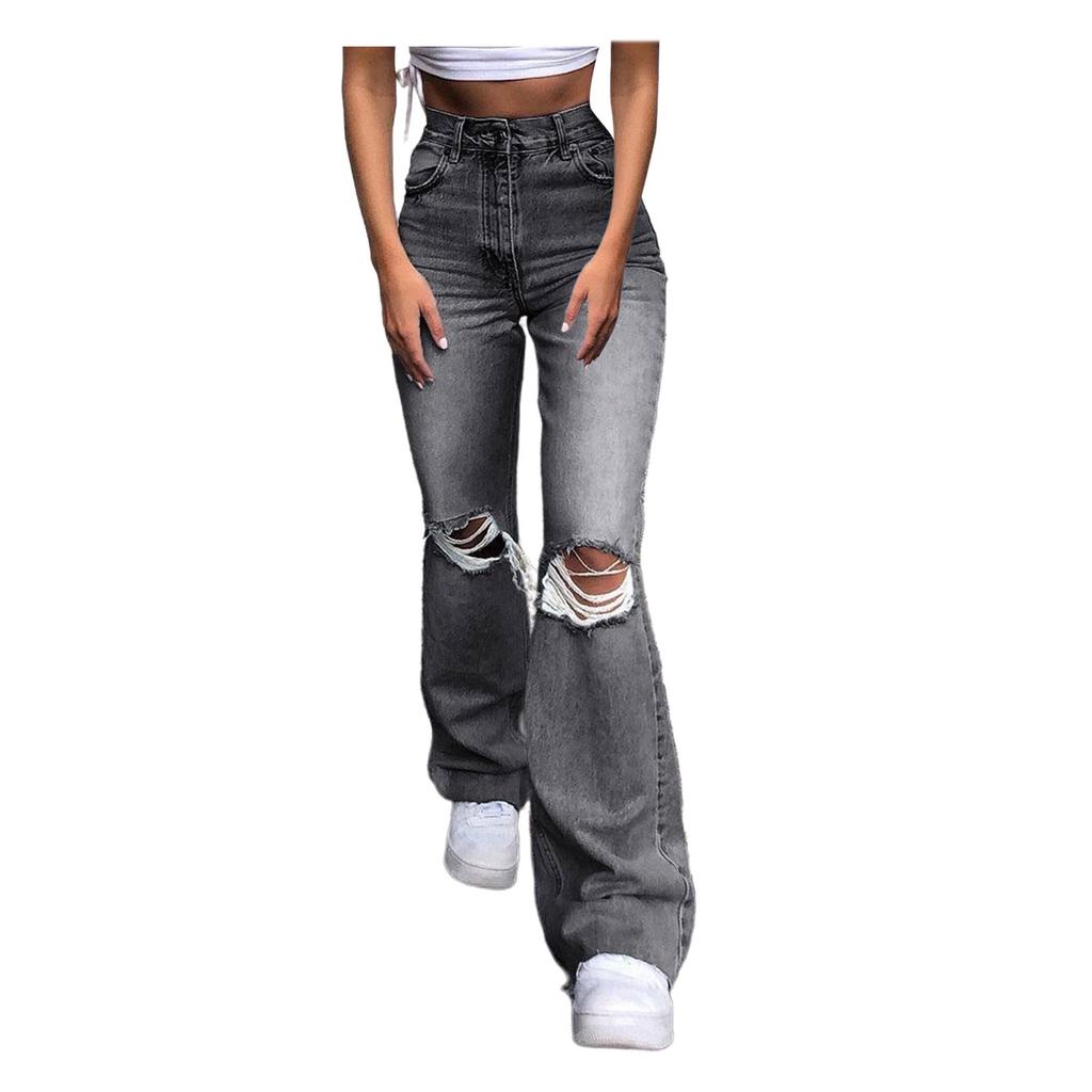 Women Button High Waist Pocket Elastic Hole Jeans Trousers Loose Denim Pants