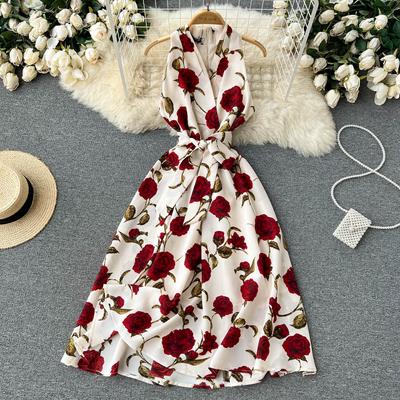 RUGOD Retro Baskı Elbise 2022 Yaz Yeni Tanrıça Fan Mizaç V Yaka Kravat Bel Ince Orta Uzunlukta Elbise