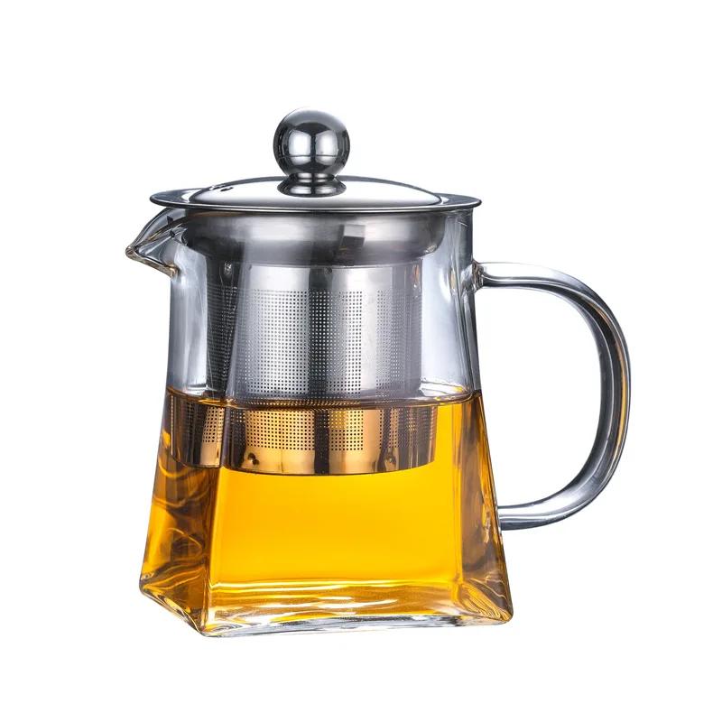 Heat-Resistant Glass Teapot, with Stainless Steel Filter Baskets, Clear Kettle, Brewing Tea Pot, Heatable Pitcher, Jug, Square
