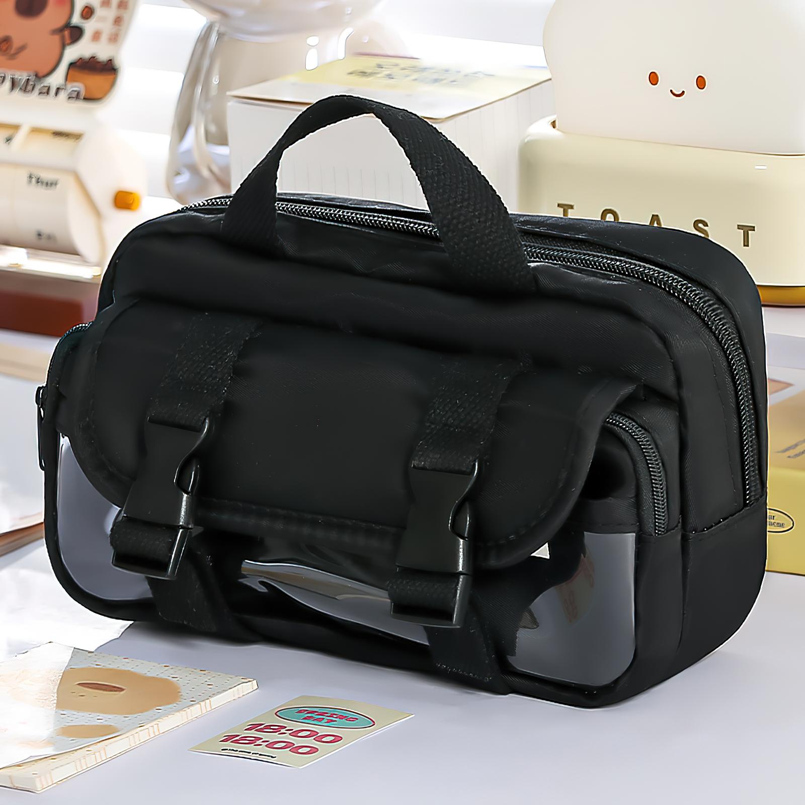 

1pcs Double-Buckle Step Design Pencil Case Pen Bag Beige Plaid Toast-Shaped Handheld Bag Multi-Functional Stationery A7946 чорний