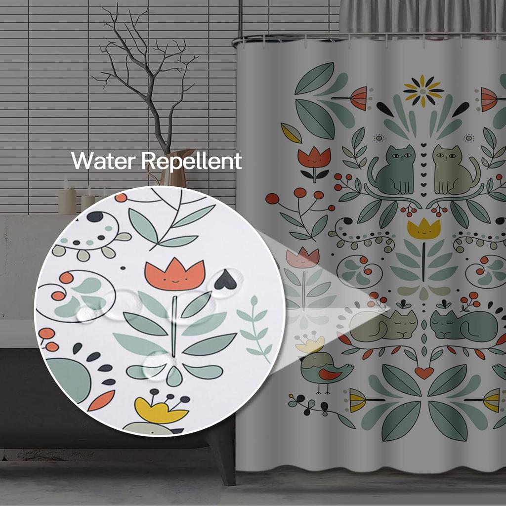Shower Curtain Funny Swedish Folk Cartoon Cats Birds and Flowers Ethnic Waterproof Polyester Fabric