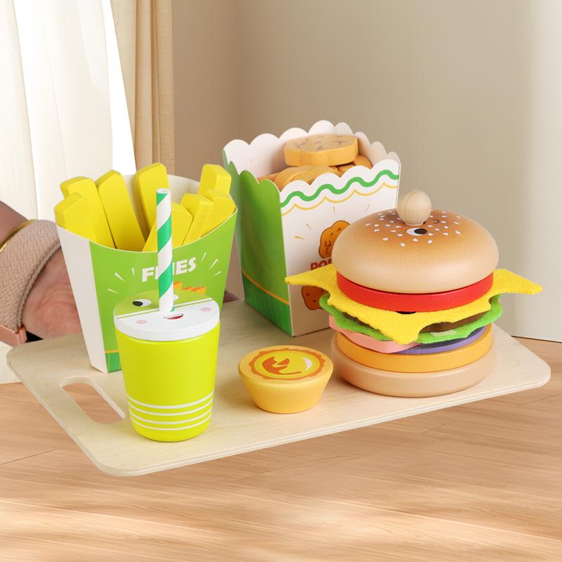 Wooden Children's Early Education Simulation Burger Fries Sandwich Set Play House Puzzle Kitchen Assembly Building Block Toy