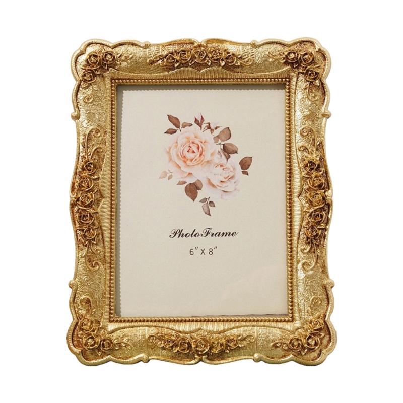 Antique Gold Carved Picture Frame With Ornate Florals Embossed For Wall Hanging Or Tabletop Decoration Photo Display