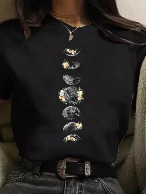 Maycaur Newest Funny Moon Print T Shirt Women White and Black Shirts Fashion Round Neck Short Sleeve T-Shirt Summer Tees Casual Top
