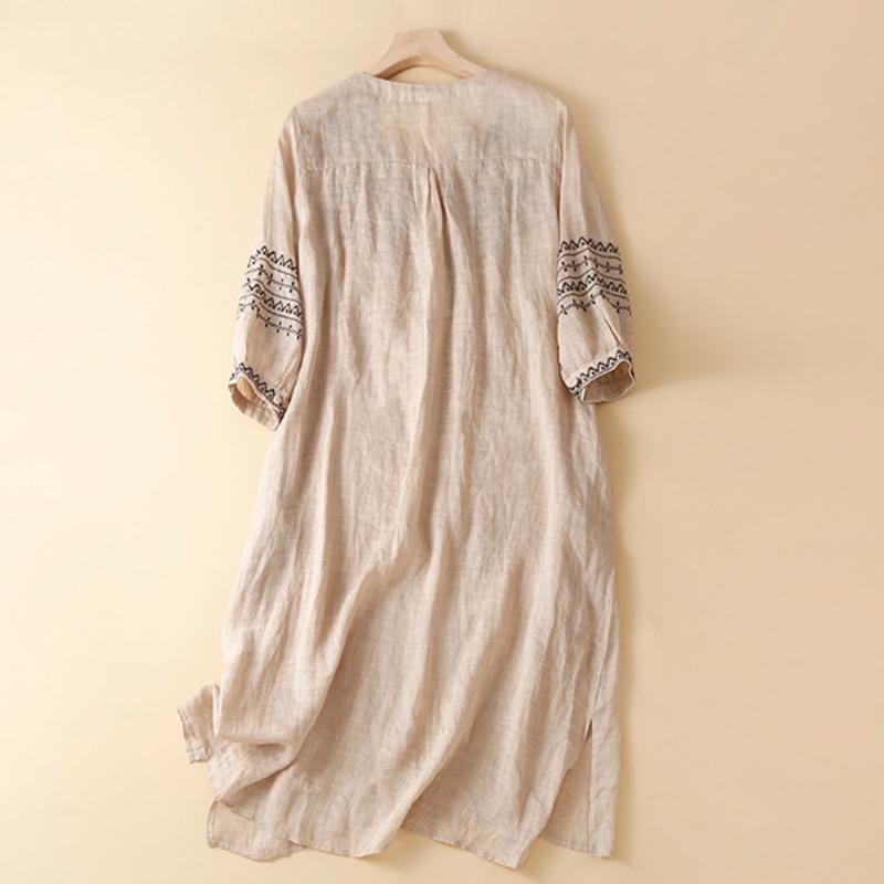 Literary Retro Ethnic Style Embroidery Loose Casual Slit V-neck Lightweight Linen Dress