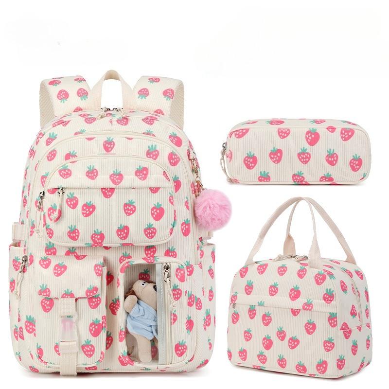 3pcs/set Corduroy School Backpack with Lunch Bag Pencil Case Cute Girl School Bag Strawberry Book bag Backpack for Teens Women