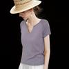 Wudao French Minimalist Y-Neck T-Shirt with Tencel Linen