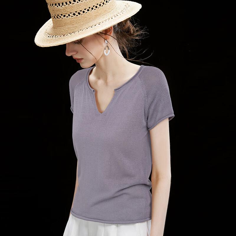Wudao French Minimalist Y-Neck T-Shirt with Tencel Linen