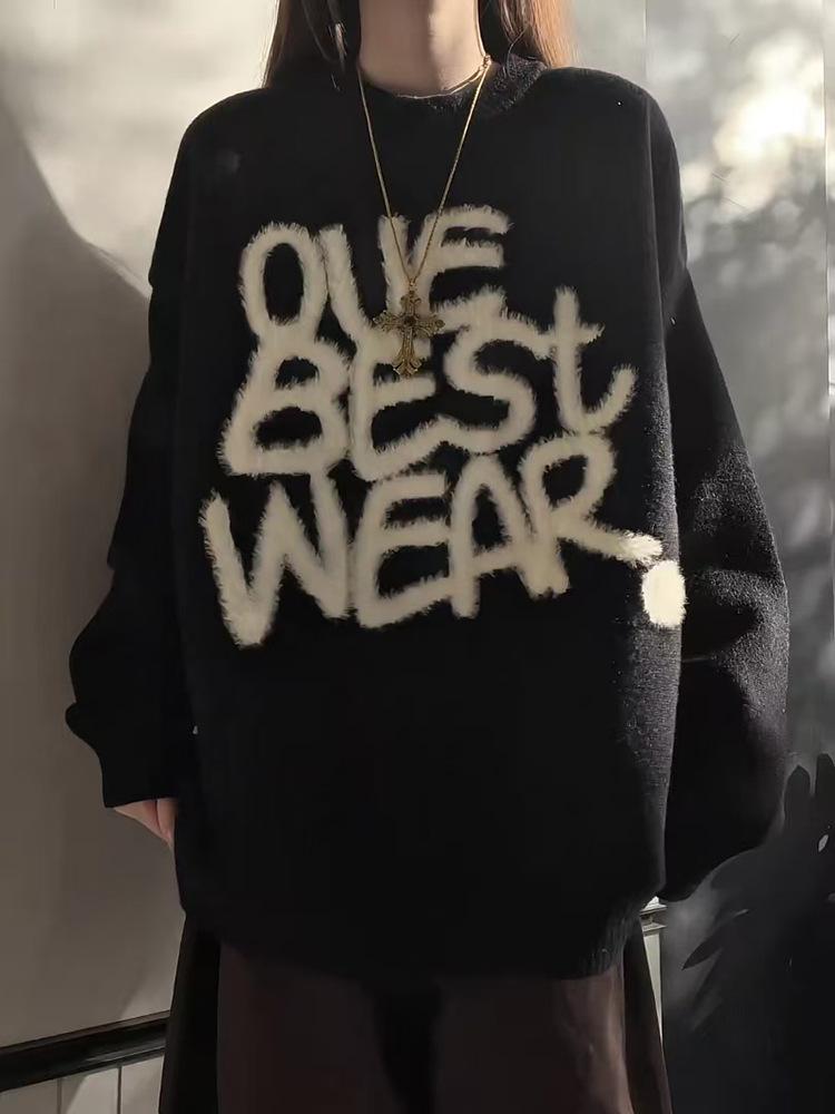 Men's Black Jacquard Mink Velvet Knit Sweater - American Retro, Heavyweight, Soft, High Elastic, Autumn/Winter Style.