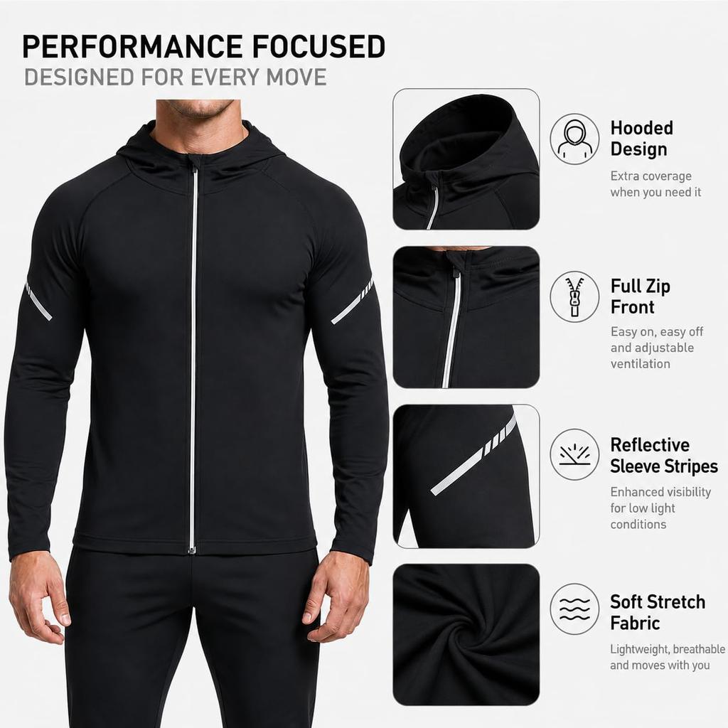 Men's Lightweight Full-Zip Athletic Hoodie, Quick-Dry Stretch Sports Jacket for Running Gym Hiking and Training