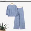 Women Half Sleeve Blouse and Pants Casual Stripe Print Two Piece Suit Sets