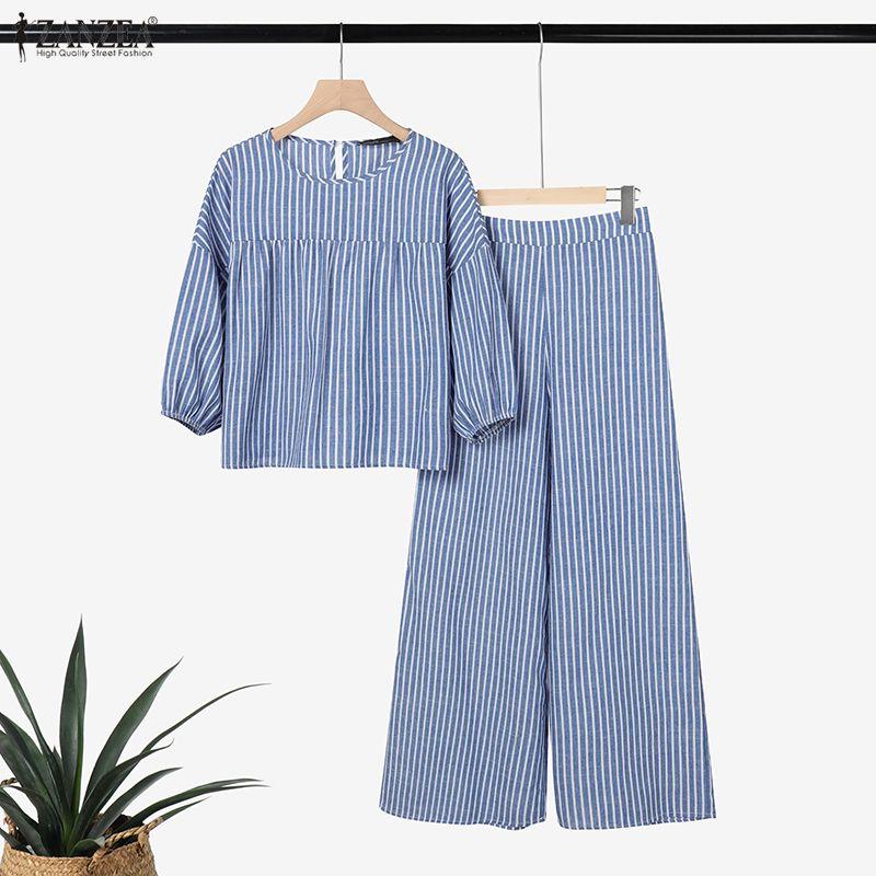 ZANZEA Women Half Sleeve Blouse and Pants Casual Stripe Print Two Piece Suit Sets