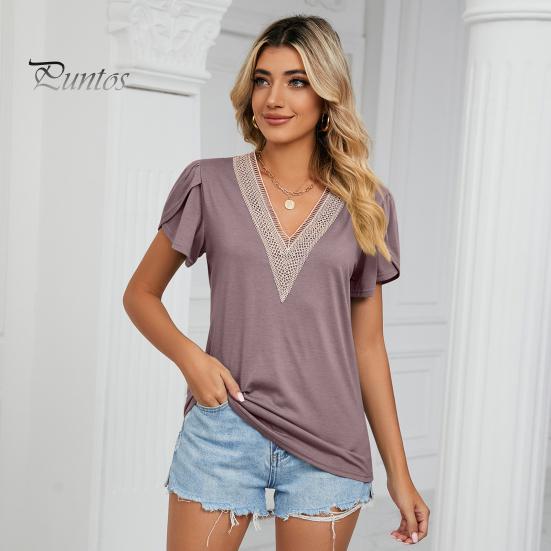 Tee Top V-neck Petal Short Sleeve Women T-shirt Summer Shirt Golden Lace Stitching Loose Pullover Streetwear