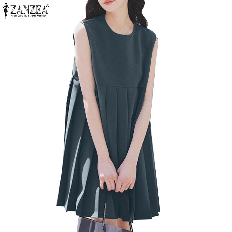 ZANZEA Damska letnia sukienka bez rękawów z okrągłym dekoltem, gładka, luźna