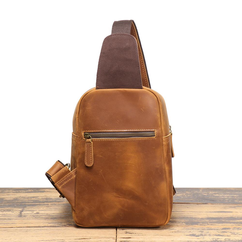Retro Men'S Leather Breast Bag, Crazy Horse Leather Casual Messenger Backpack, Cowhide Large-Capacity Shoulder Mobile Phone Bag.