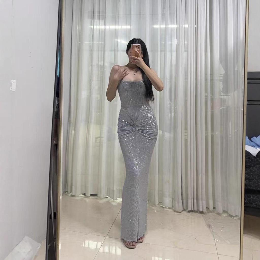 Silver Strappy Bodycon Evening Gown - Long Birthday Banquet Dress