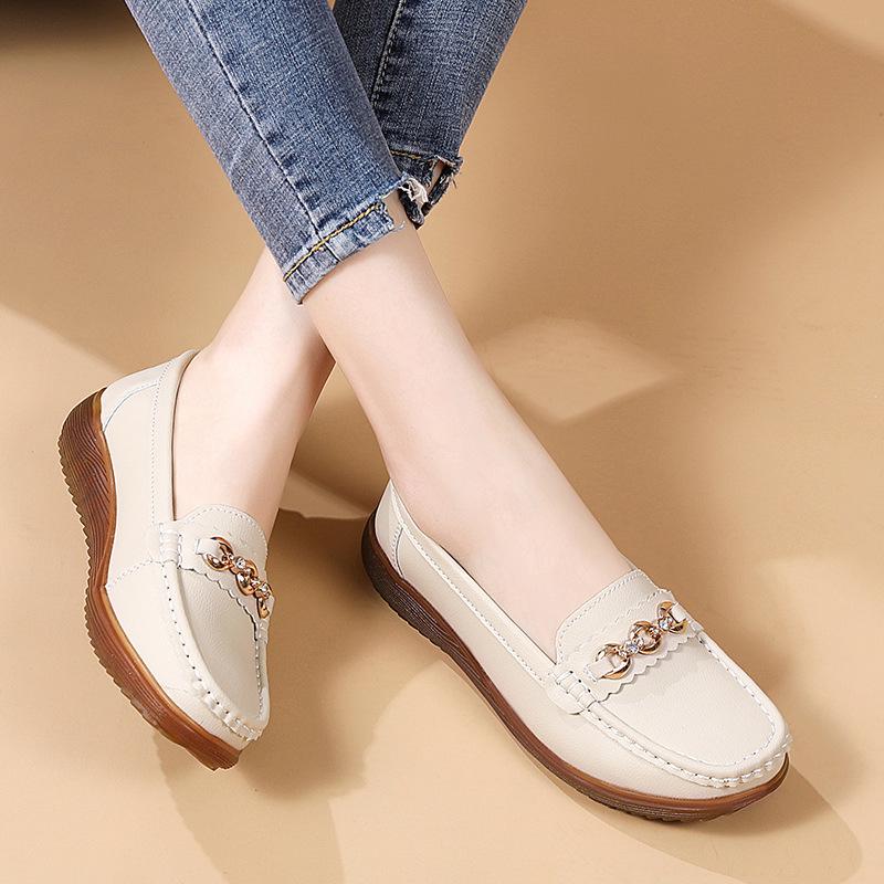 2023 Spring/Autumn Women's Casual Leather Slip-On Shoes with Metal Buckle - Soft Sole, Large Size, Comfort for Moms