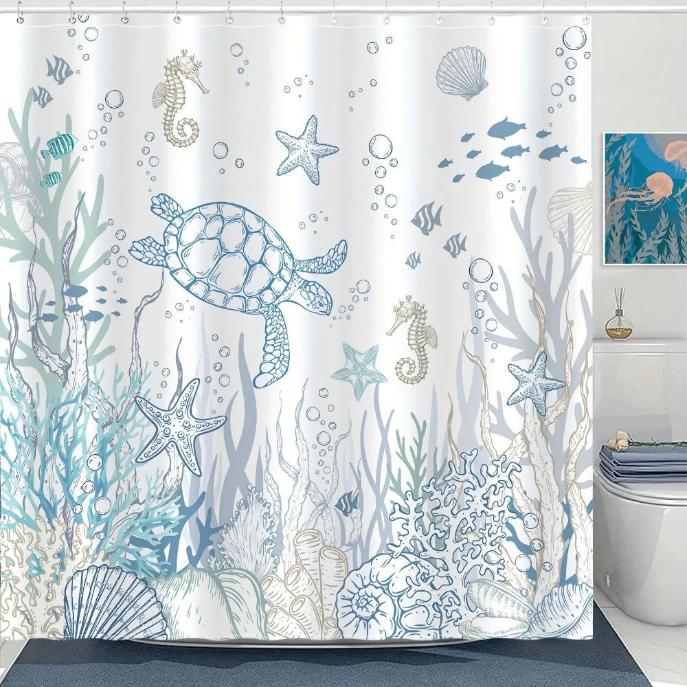 1pc Nautical Coastal Turtle Shower Curtain - Ocean Themed with Coral, Starfish & Seahorse, 12 Hooks, Bathroom Decor